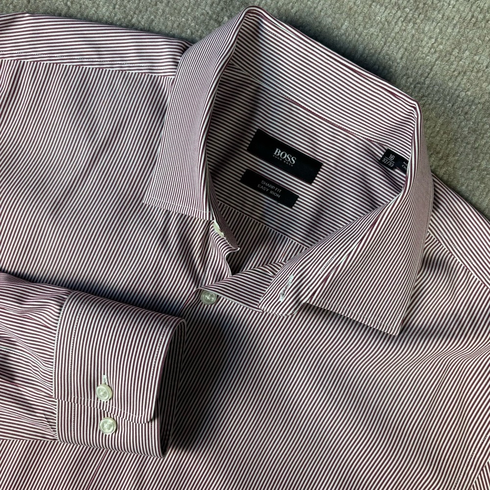 Hugo Boss Sharp Fit Easy Iron Burgundy White Stripe Dress Shirt Mens 16 32/33